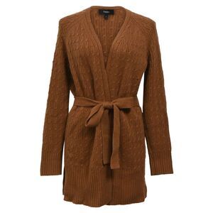 Theory Malinka Belted Cable-Knit Cardigan in Brown Cashmere